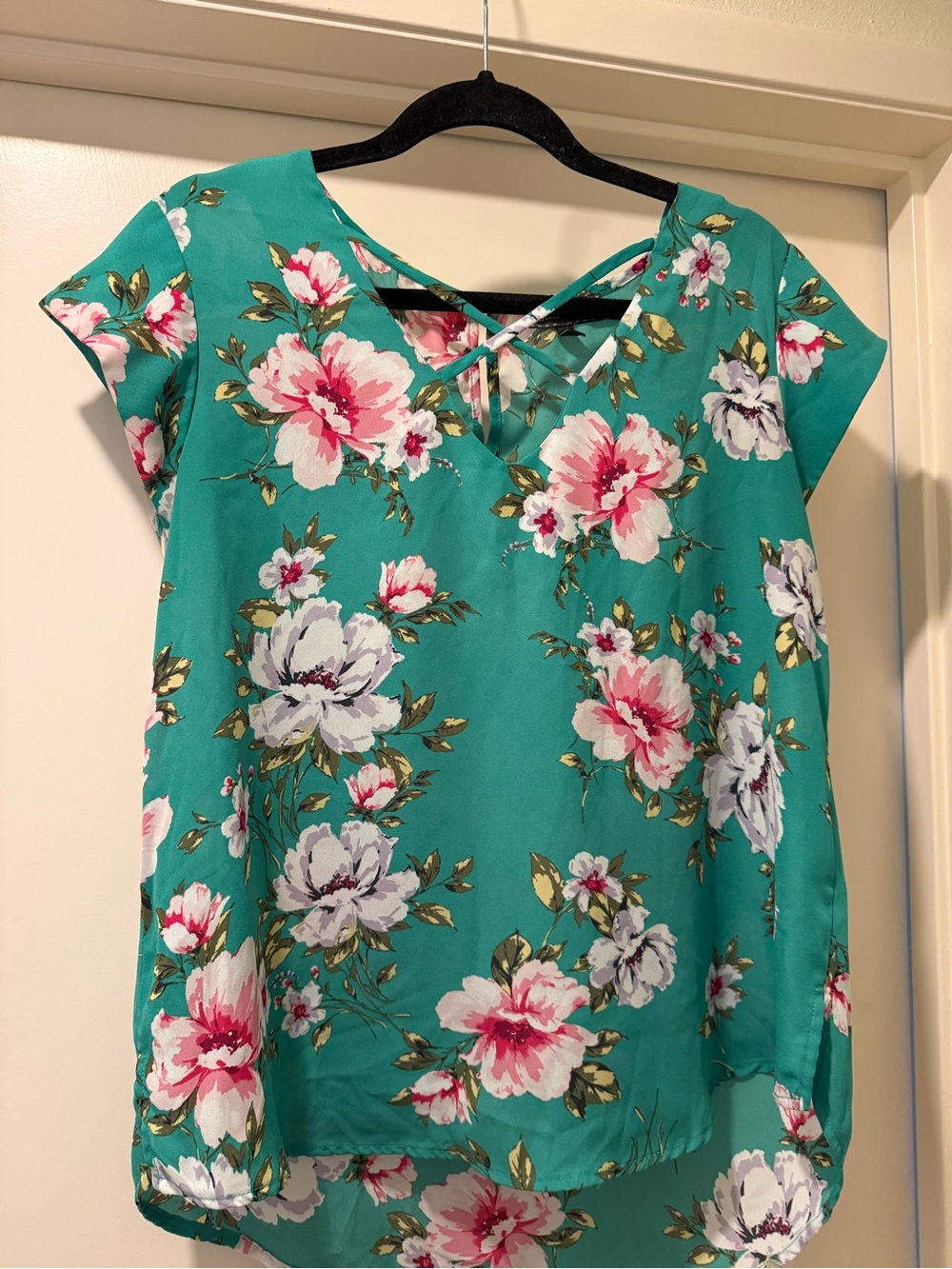 Luxology Green Floral Blouse with Pink Accents
